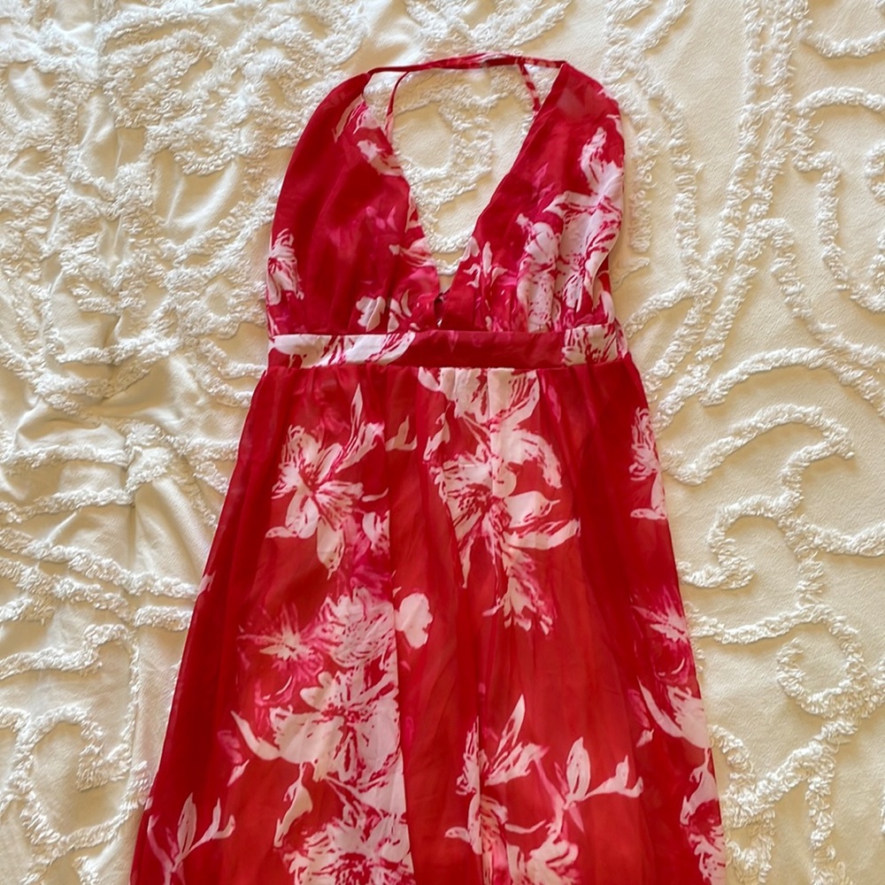 Red and White Flower Maxi V-Neck Summer Maxi Dress